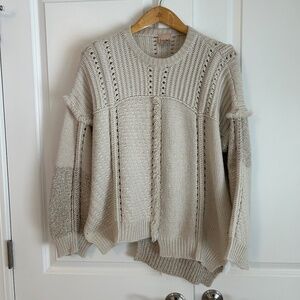 (NUDE) cream beige gold silver asymmetrical hem fringed oversized sweater